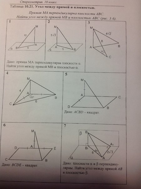 Контрольная работа перпендикуляр и наклонная 10 класс. Стереометрия 10 класс таблица 10.21. Теорема о трех перпендикулярах 10 класс задачи на готовых чертежах. Угол между прямой и плоскостью. Стереометрия угол между прямой и плоскостью.