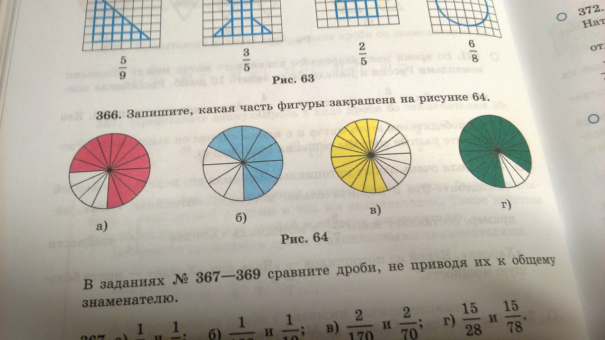 Какая часть круга закрашена на каждом из изображений