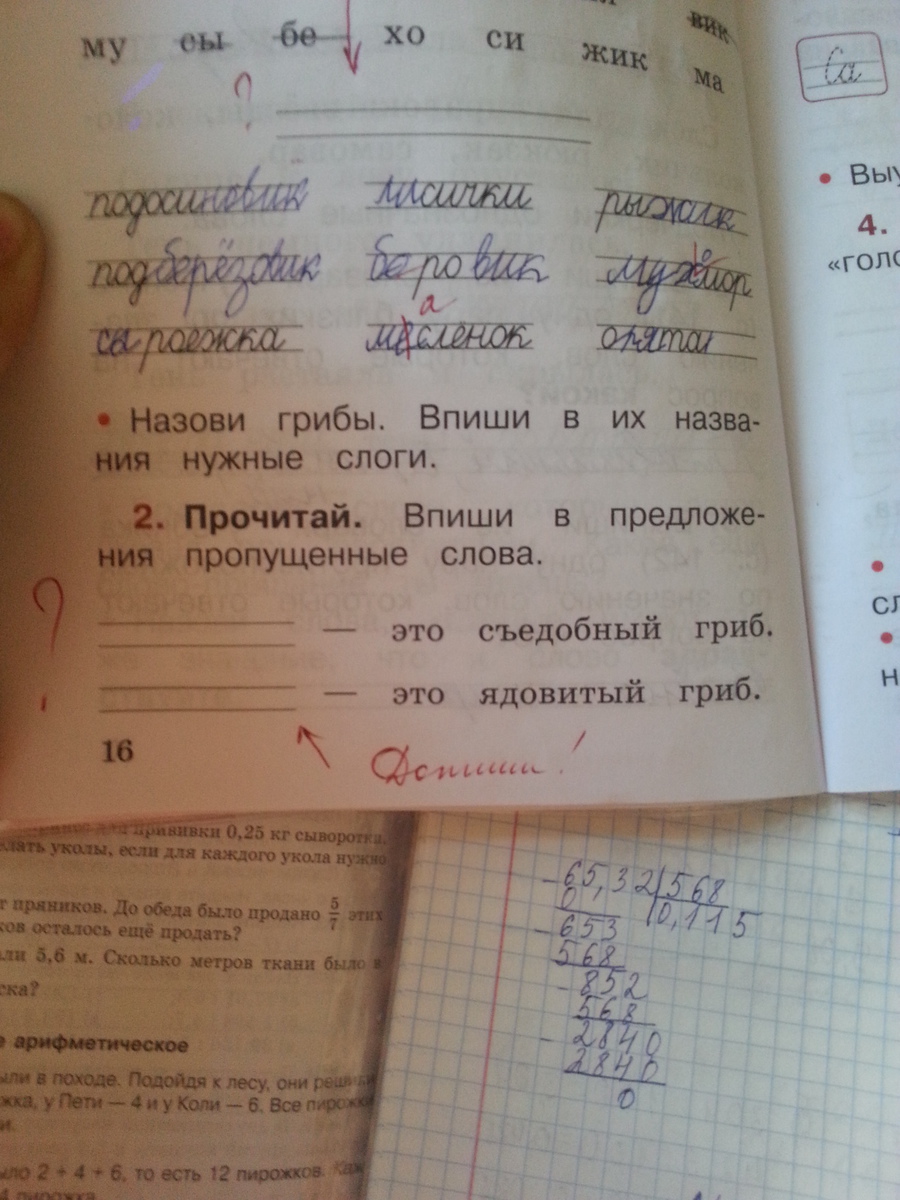 Класс страница 16. Грибы 1 класс русский язык. Название грибы впиши в их названия нужные слоги. Рассмотри рисунки Подбери к ним общее название и запиши его. Слово и слог 1 класс грибы.