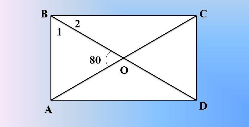 Диагонали прямоугольника пересекаются в точке найдите. Угол между диагоналями прямоугольника равен 80 градусов. Диагонали прямоугольника углы. Угол между диагоналями прямоугольника. Углы при пересечении диагоналей прямоугольника.