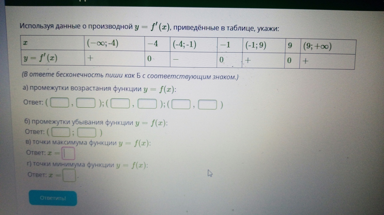 Используя данные таблицы укажите. Используя данные о производной y=f′(x), приведённые в таблице, укажи. Используя данные о производной приведённые в таблице укажи. Используя данные о производной y. Используя данные таблицы, определите точки минимума функции..