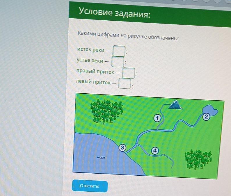 Какими цифрами на рисунке обозначены исток реки устье реки правый приток левый приток