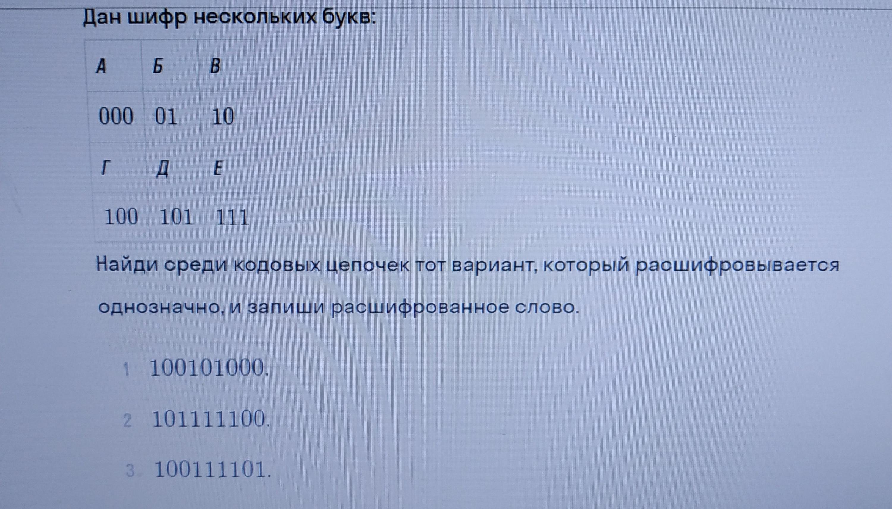 Расшифровка однозначного кода. Дан шифр нескольких букв. Дан шифр нескольких букв а 000 б 01 в 10 г. Дан шифр нескольких букв Найди среди кодовых цепочек. Информатика dan шифр нескольких букв.