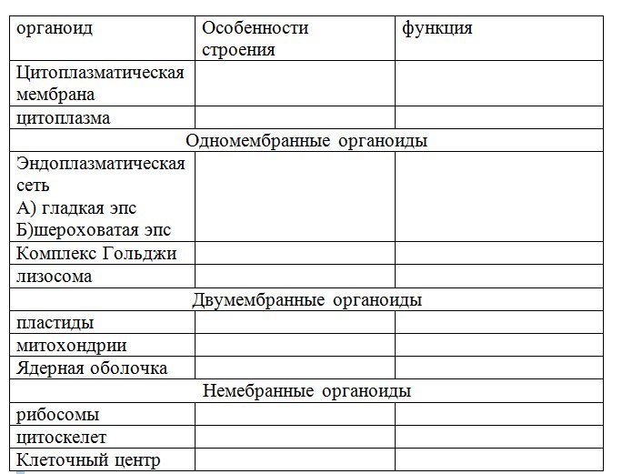 Таблица органоиды клетки с рисунками