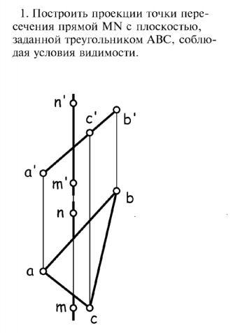 Проекция точки на плоскость треугольника. Построить проекции точек. Проекция точки - это точка пересечения. Проекции точек пересечения. Построить точку пересечения MN С АВС.