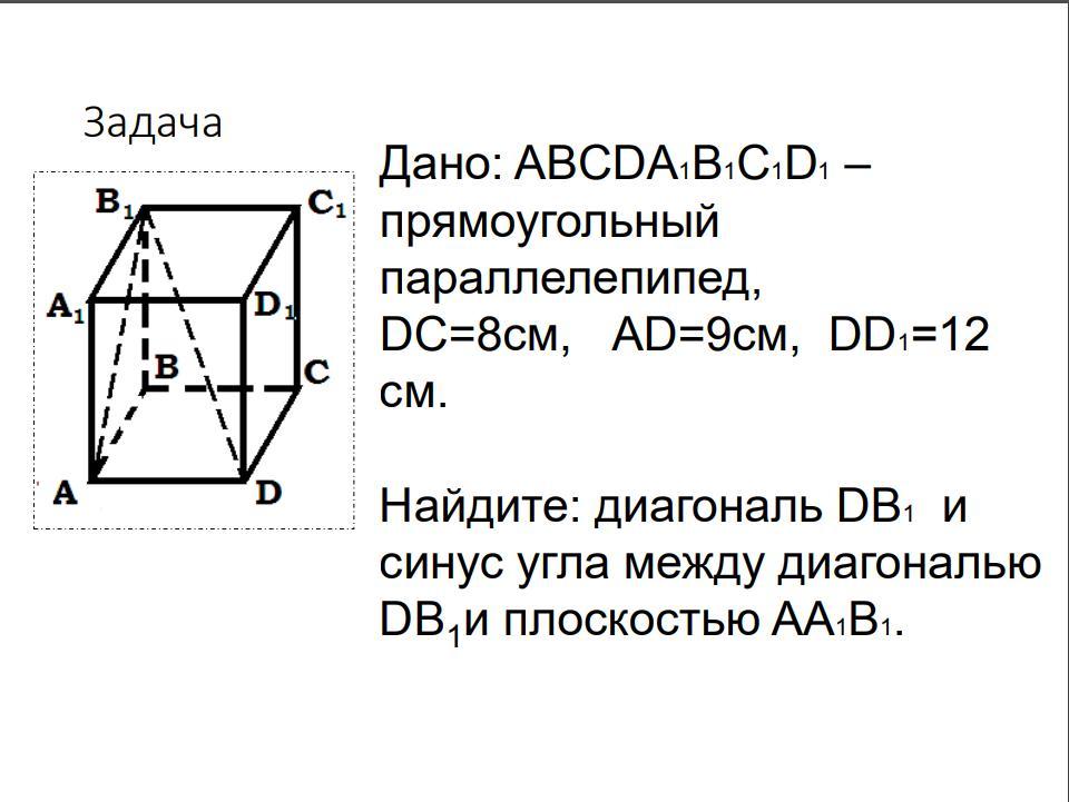 На рисунке изображен прямоугольный параллелепипед abcda1b1c1d1 укажите угол между прямой b1d