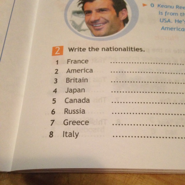 Write the nationalities france america. 2 2 Write the Nationalities. 1 France 2 America.