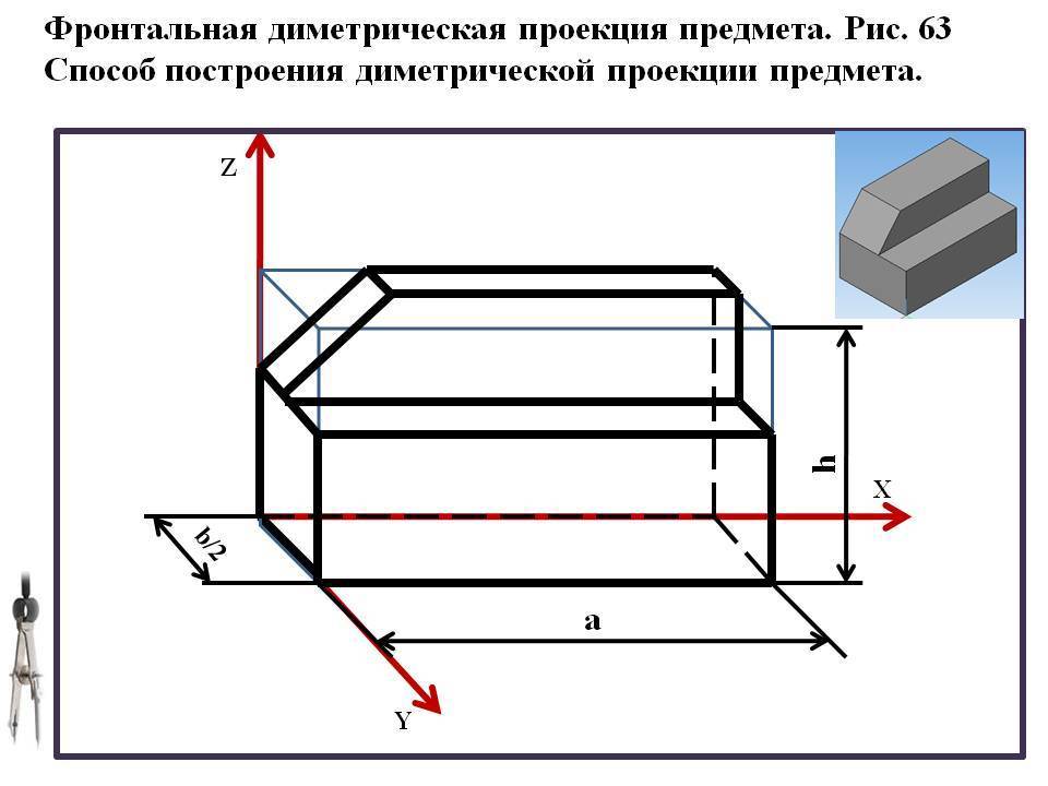 Фронтальная проекция рисунок. Построение диметрической проекции детали. Диметрическая проекция рис.63. Фронтально-диметрическая проекция детали. Аксонометрическая проекция рис 63.