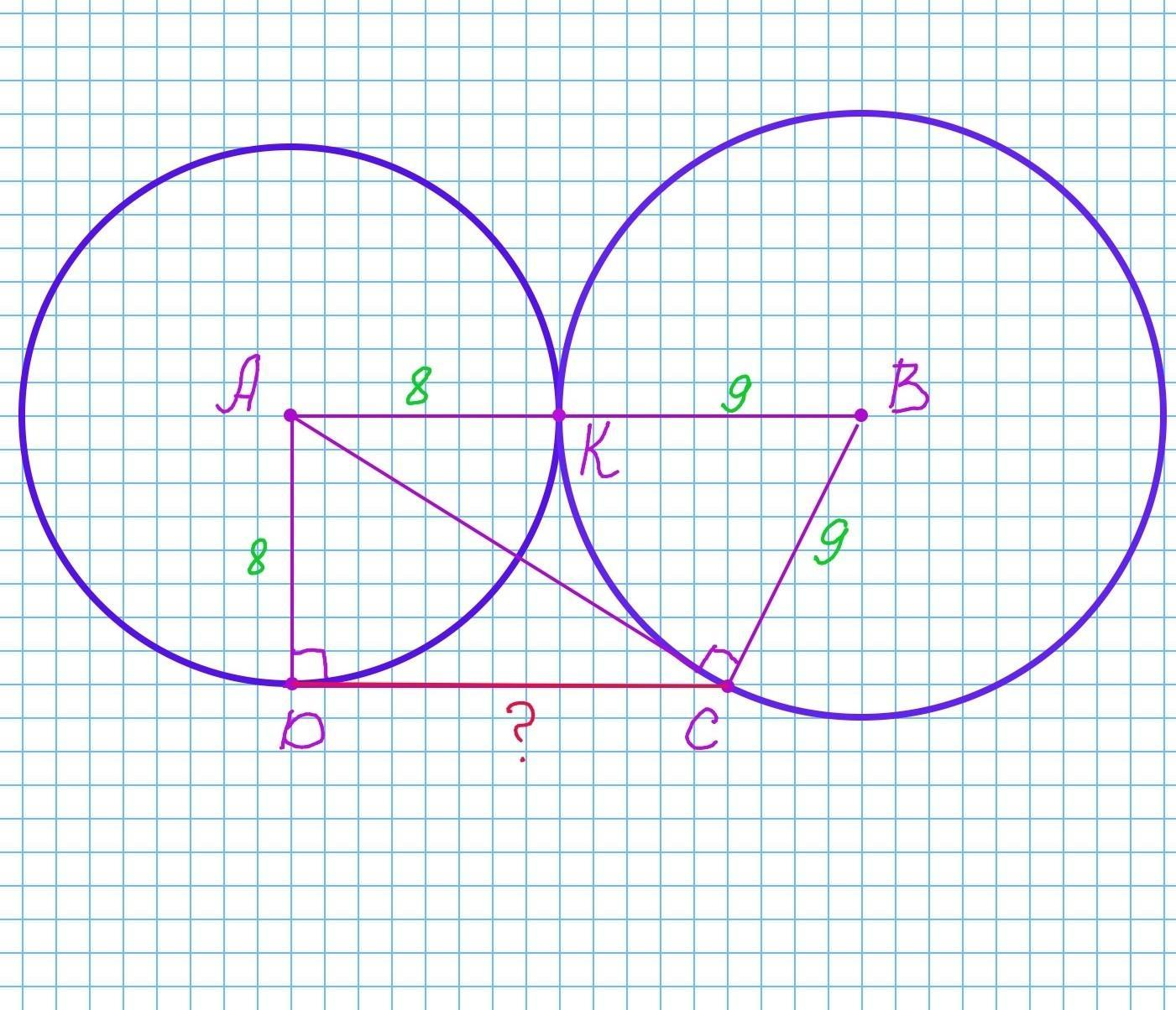 Две окружности внешне касаются. Радиус 8.8 или 8.4.