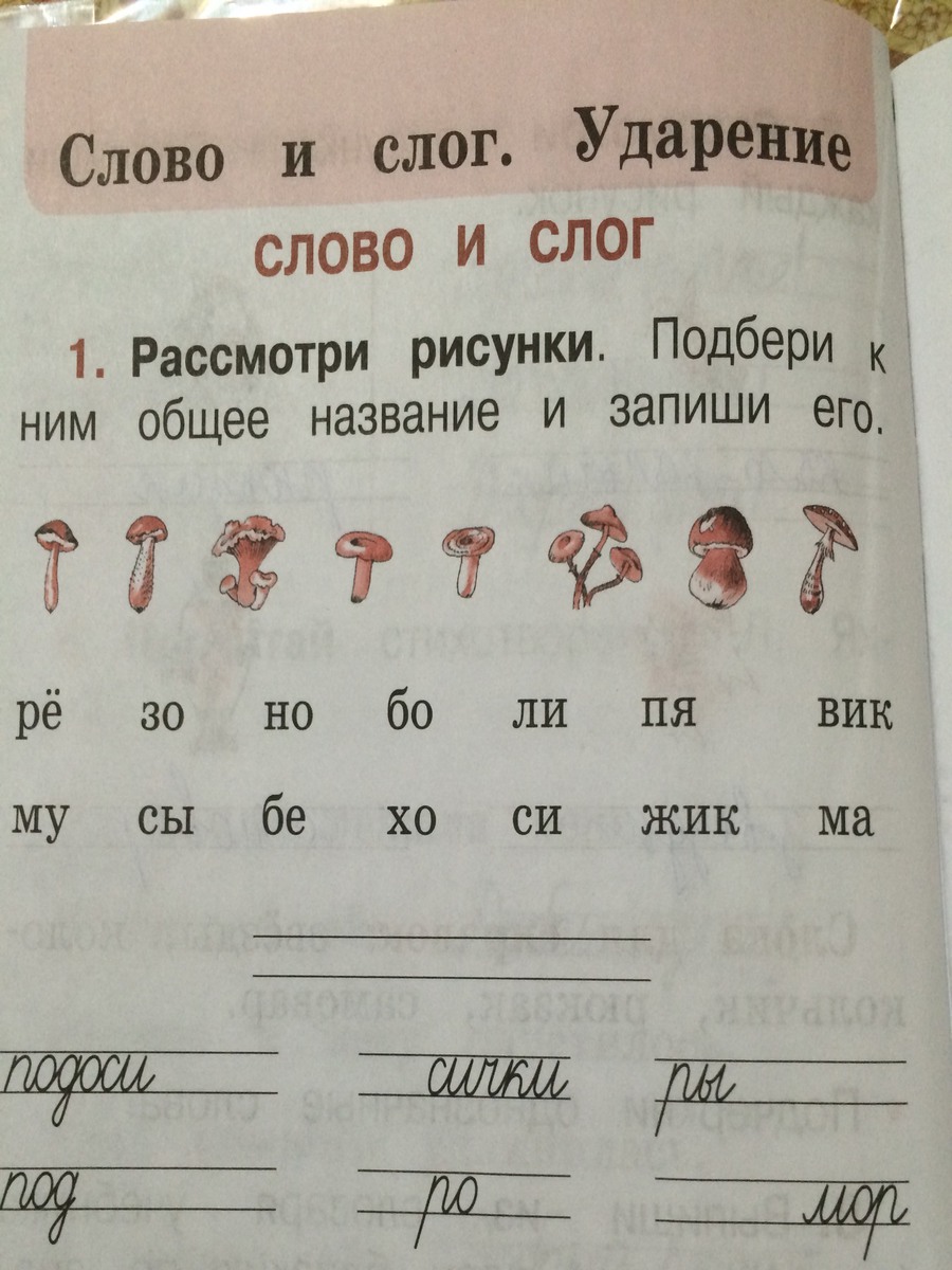 2 слога ударение на 1. Грибы 1 класс русский язык. Рассмотри рисунки Подбери к ним название. Рассмотри рисунки Подбери к ним общее название. Рассмотри рисунки Подбери к ним название и запиши его.