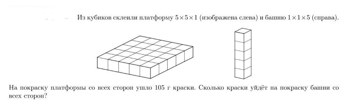 Из одинаковых кубиков изобразили стороны. На покраску одной грани кубика расходуется 1 грамм. Из кубиков склеили платформу 5 на 5 на 1 и башню. На покраску одной грани кубика расходуется 1 грамм краски из кубиков. Из кубиков склеили платформу 4 на 4 на 1 и башню.