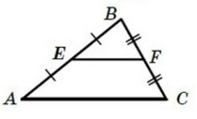 Отрезок ef средняя линия треугольника abc изображенного на рисунке ef 12см какова длина отрезка
