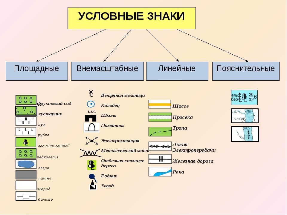 Местные предметы по внешнему очертанию и способам их изображения на карте принято подразделять