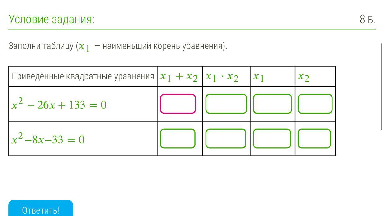 Заполни таблицу (x1 — наименьший корень уравнения).