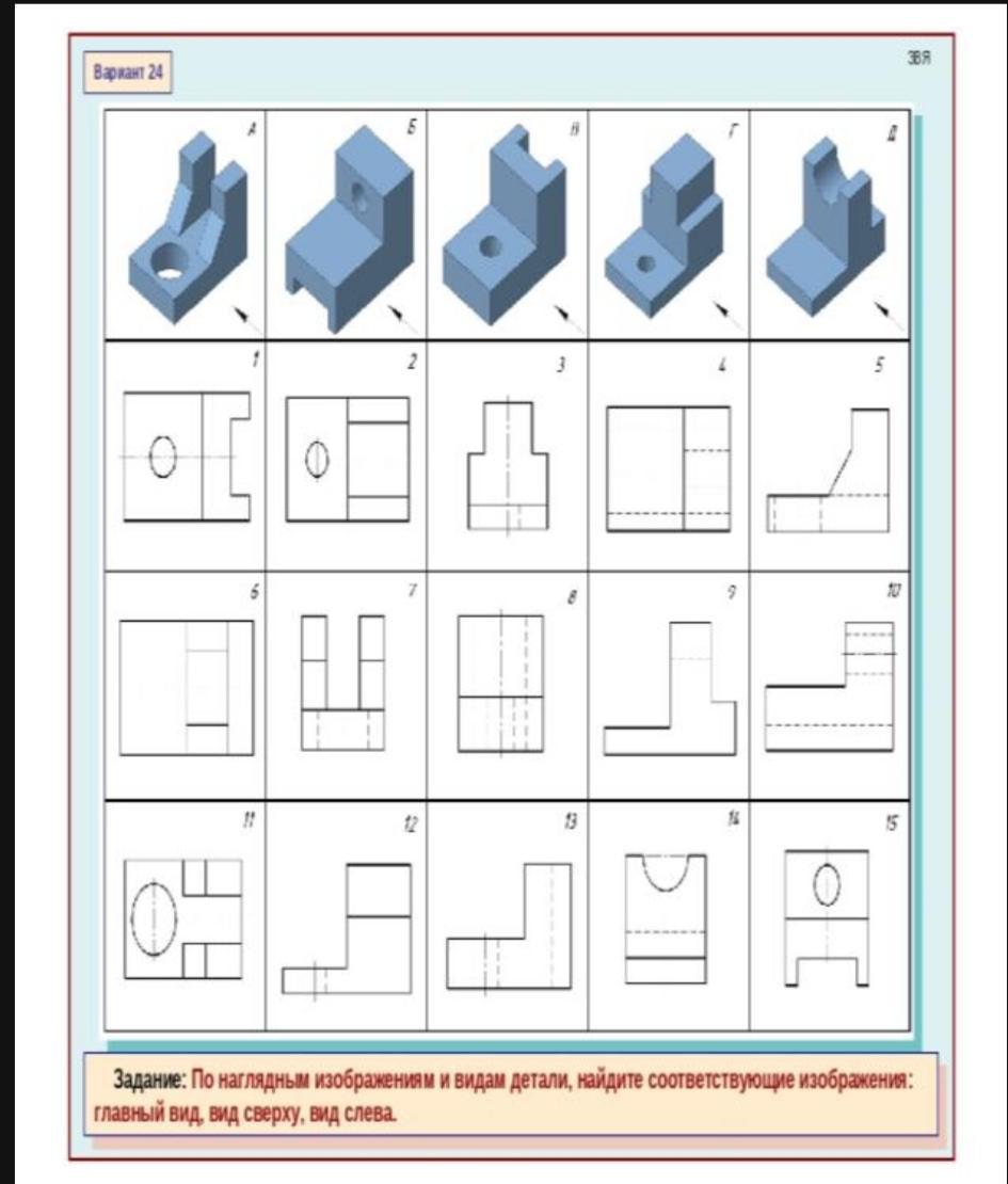 Определите какие чертежи соответствуют данным наглядным изображениям