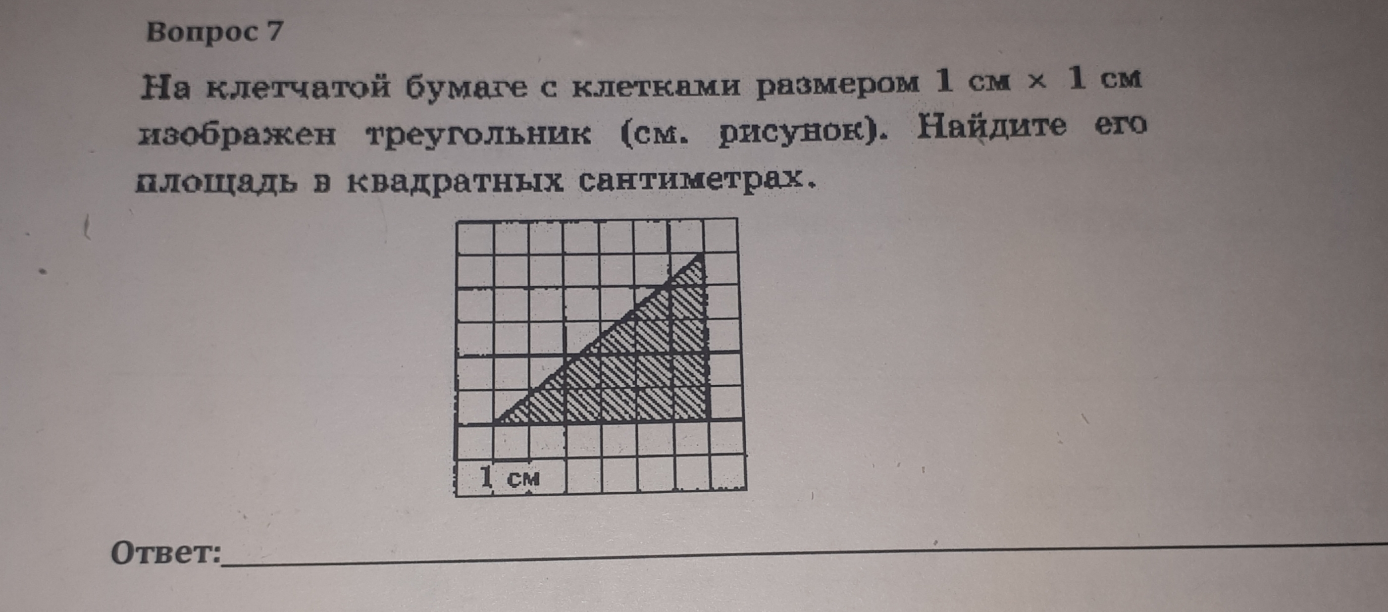 Найти площадь треугольника изображенного на рисунке 1х1 ответ дайте в квадратных сантиметрах