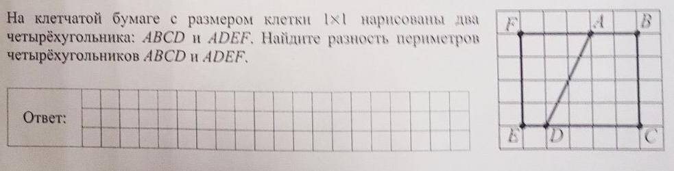 Найдите разность периметров. На клетчатой бумаге с размером 1х1 нарисованы два четырехугольника. На клеточной бумаге размером 1*1 нарисованы два четырёхугольника. Разность периметров четырехугольников. На клетчатой бумаге.Найдите разность периметра АДЕФ.