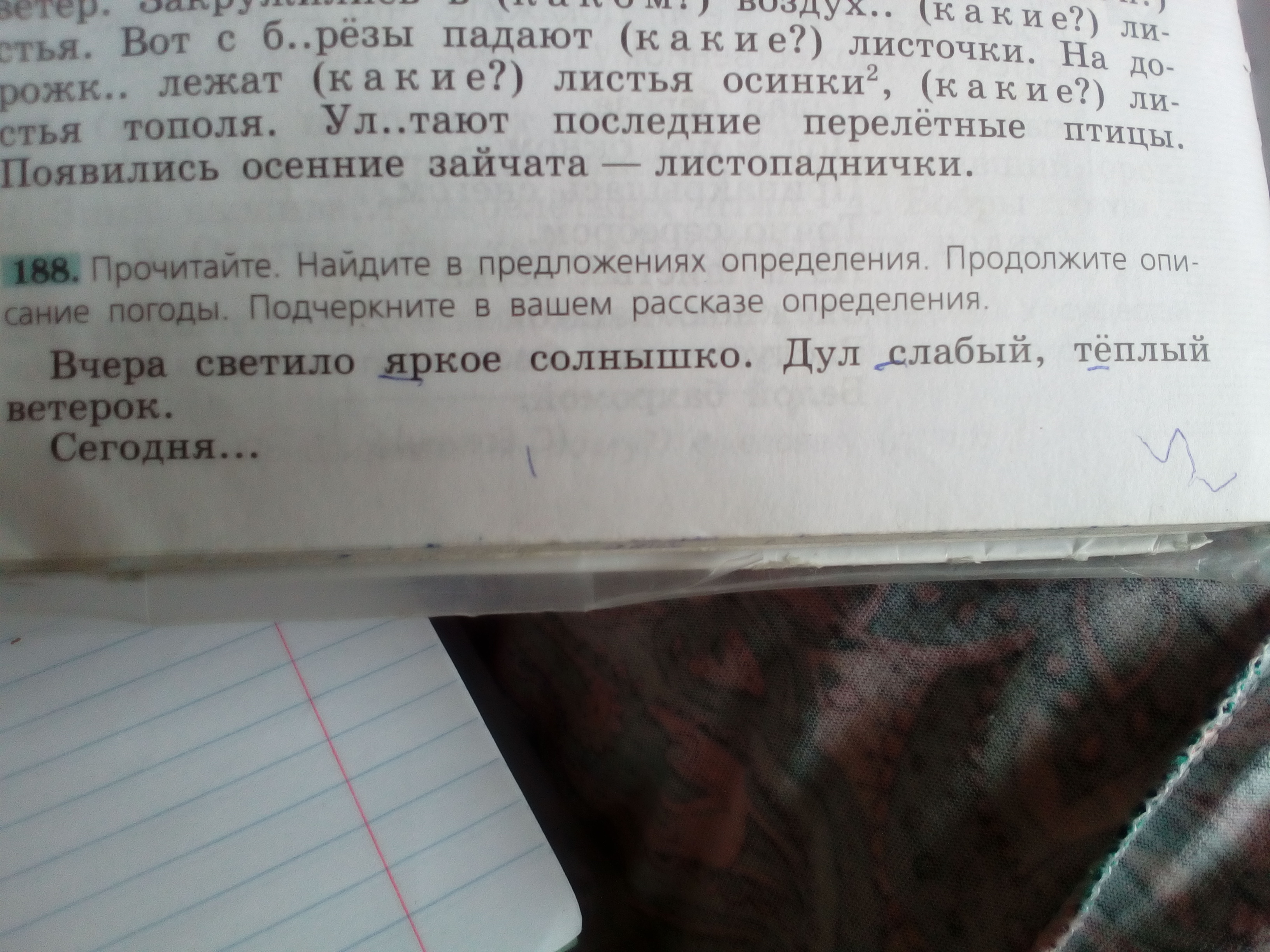 Вчера светило яркое солнышко дул. Прочитайте Найдите в предложениях определения. Вчера светило яркое солнышко дул слабый тёплый. В чера светила я ркое солнышко дул слабый тёплый ветерок.