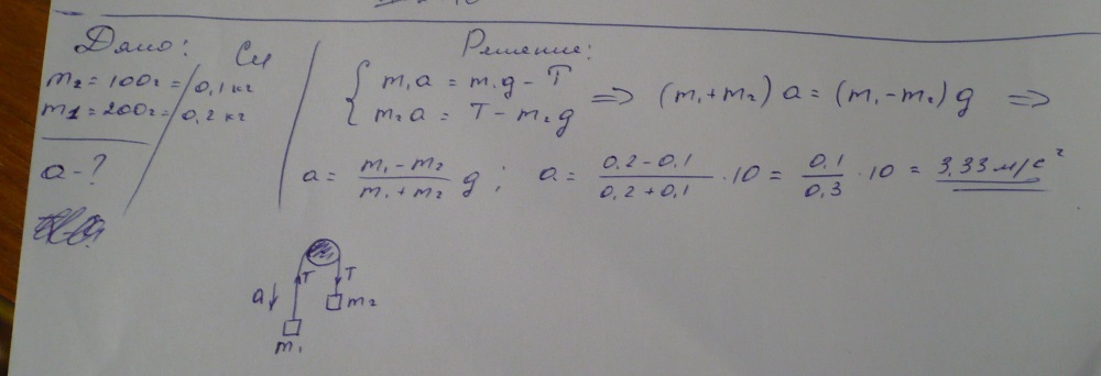 Определите с каким ускорение. На шнуре перекинутом через неподвижный блок помещены грузы 300 г и 200 г.