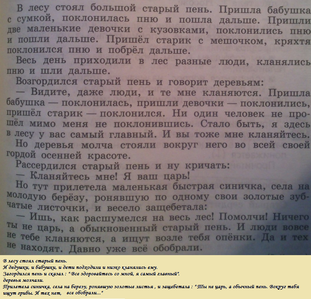 В лесу стоял большой старый пень план текста